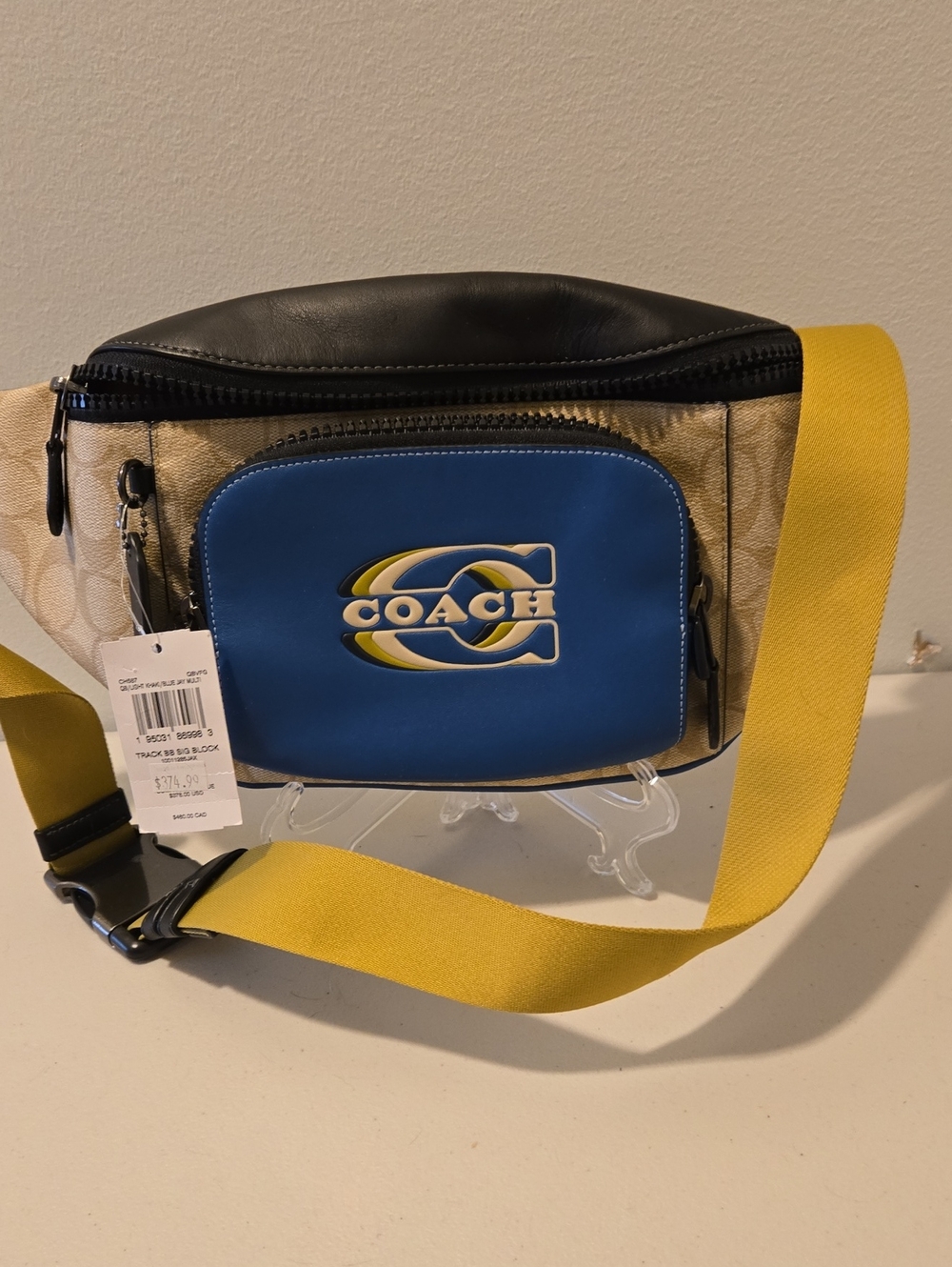 Coach Men’s Belt Bag — Blue Front Pocket with Yellow Strap